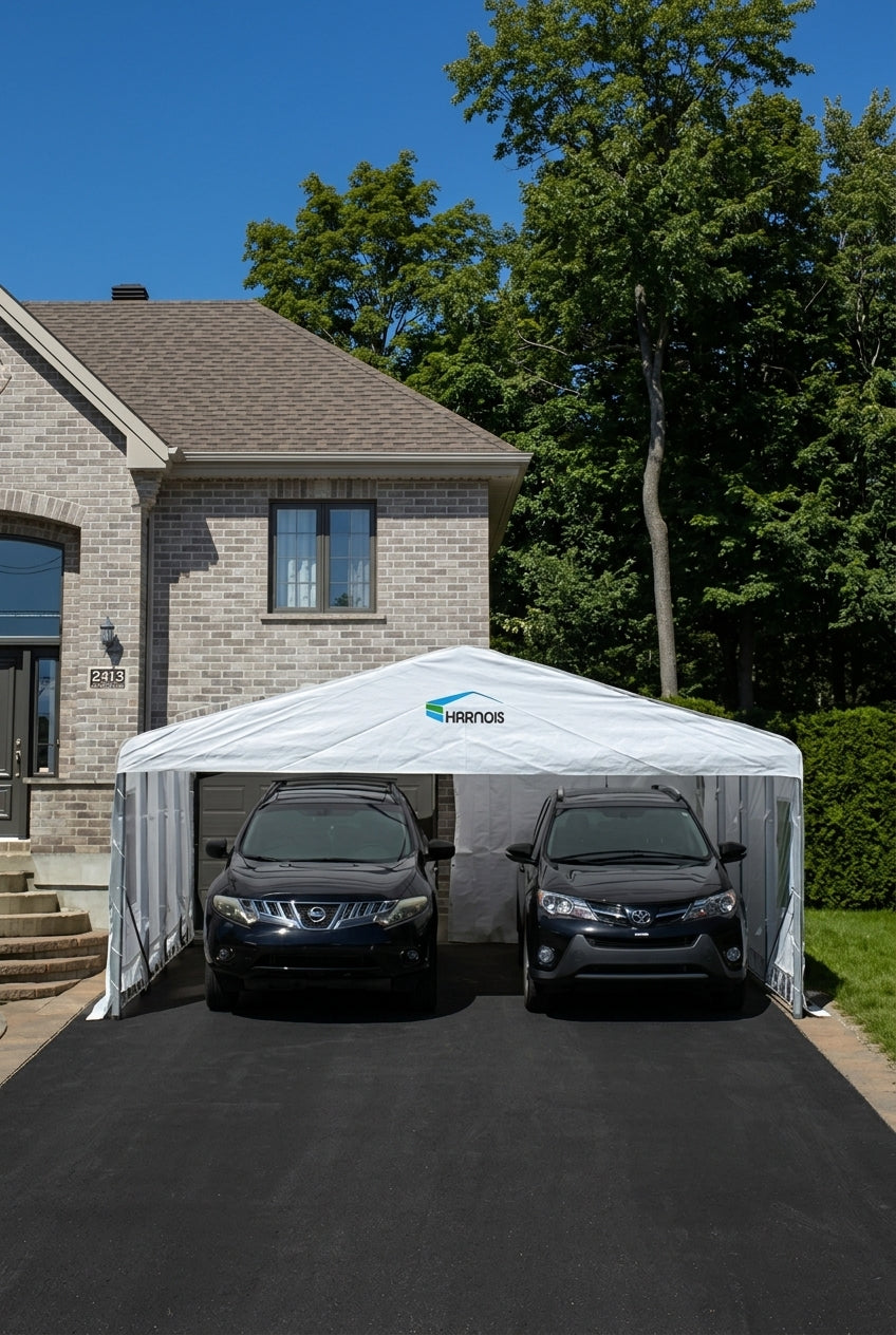 Abri d'auto double TA-R Harnois à toit à deux pentes avec deux véhicules à l'intérieur