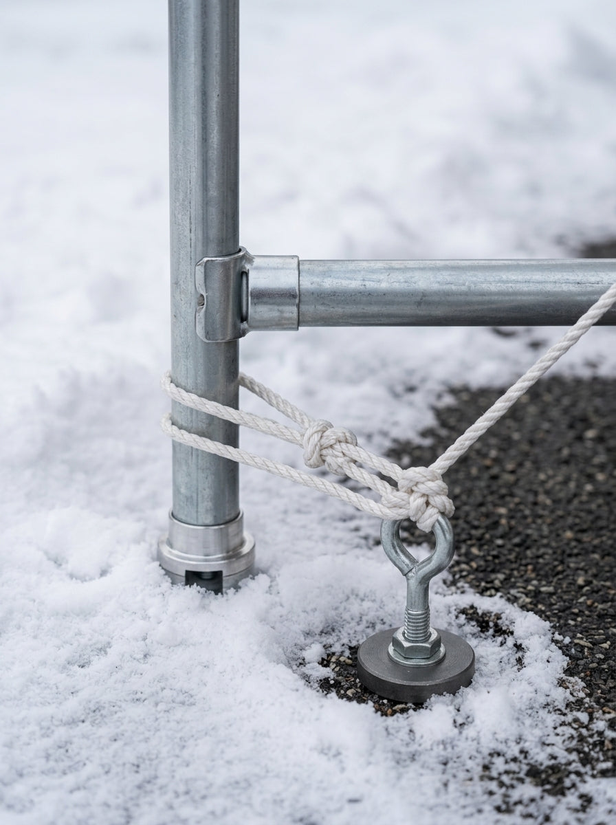 Ground anchor with rope securing a Harnois car shelter in winter