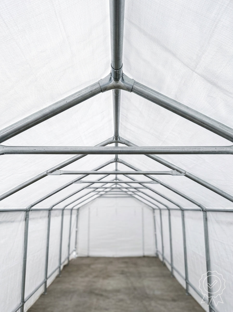 Interior view of the welded galvanized steel frame of a Harnois car shelter